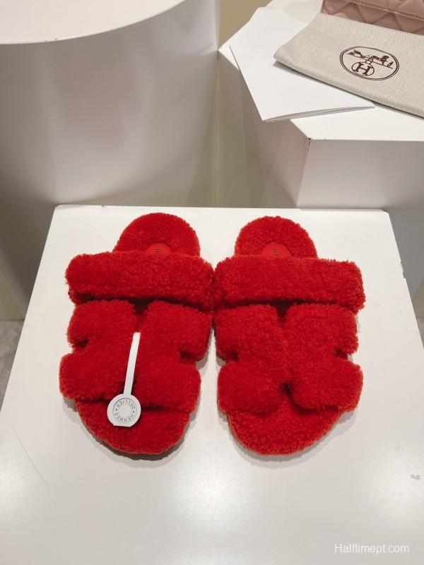 H Love Erjiu Full Wool Slippers with Wavy Fur Design - LY00270