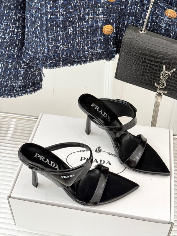 Prada Pointed Toe High Heel Sandals with Triangle Buckle - KFY00280