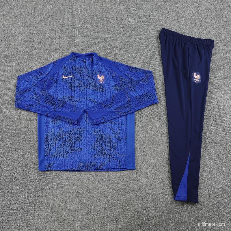 2025 France Royal Blue with Textured Pattern Half Zipper Jacket Tracksuit +Long Pants