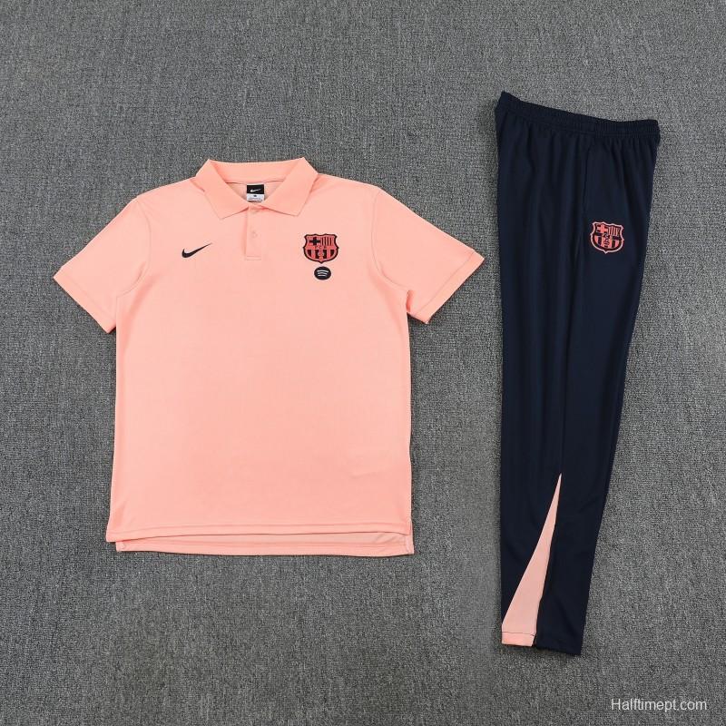 26/27  Barcelona Salmon Pink  Polo Training Shirt + Navy Blue Long Pants Tracksuit