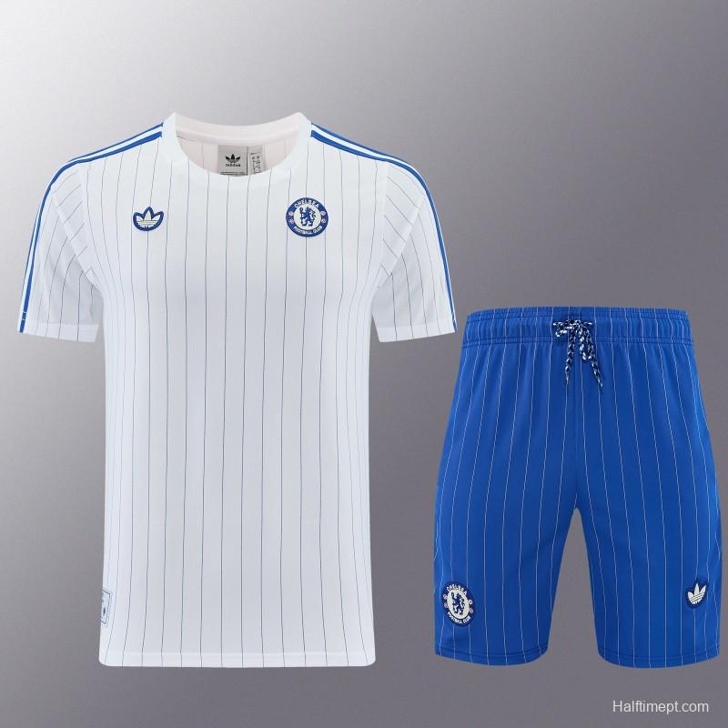 26/27 Chelsea FC White Stripes Short Sleeve+Blue Soccer Shorts