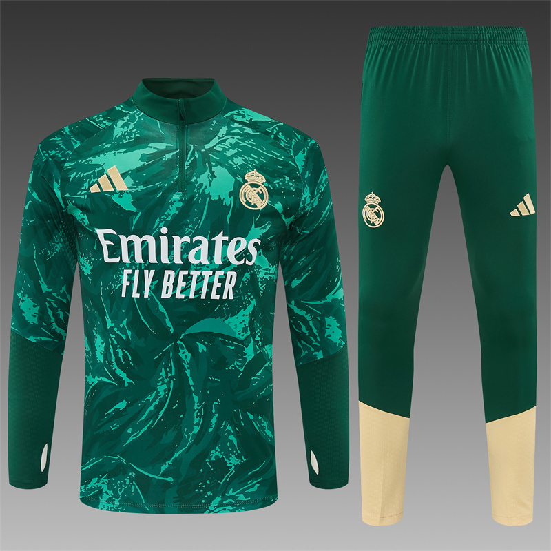 2026 Real Madrid Dark Green Camouflage  Half Zipper Jacket Tracksuit + Long Pants (Adidas)