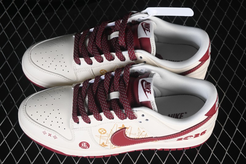 Nike SB Dunk Low Custom White Wine Red Gold Low-Top Casual Skateboarding Shoes - QW5288-110
