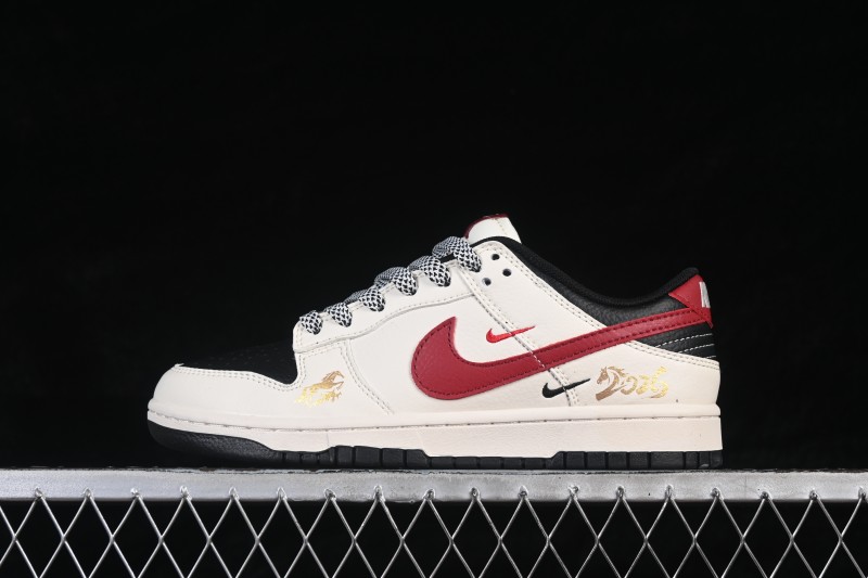 Nike SB Dunk Low Year of the Horse White Black Red Three Swooshes Premium Custom Low Top Skateboarding Shoes - MY9969-905