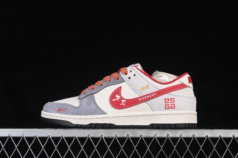 Nike SB Dunk Low Casual Skateboarding Shoes in Grey White Red High-End Custom - JP2026-112
