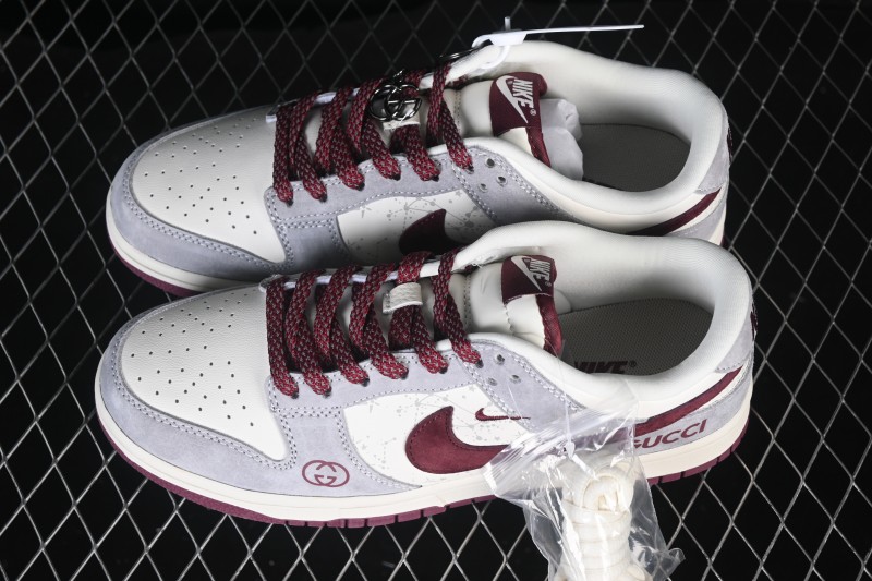 Nike SB Dunk Low Gucci Collaboration Grey White Wine Red Custom Low-Top Skateboarding Shoes - DN3168-012