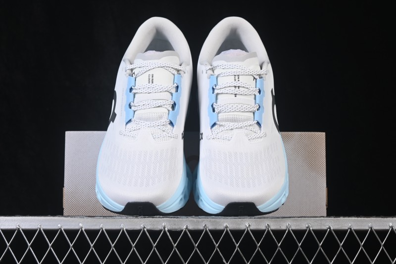 On Cloudmonster 3 Cushioned Running Shoes – White/Light Blue with Black Logo