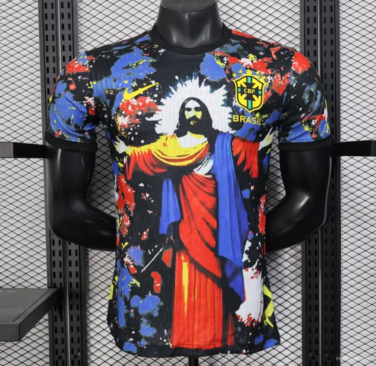 Player Version 2025 Brazil Black with Jesus Christ Artwork Jersey