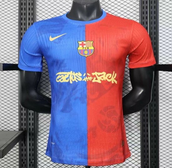 Player Version 25/26 Barcelona Travis Scott Blue with Red Half Split Jersey
