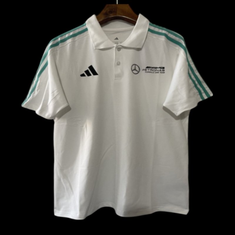 2025 F1 Mercedes-AMG Petronas Formula One Team White with Turquoise Three Stripes Polo Shirt