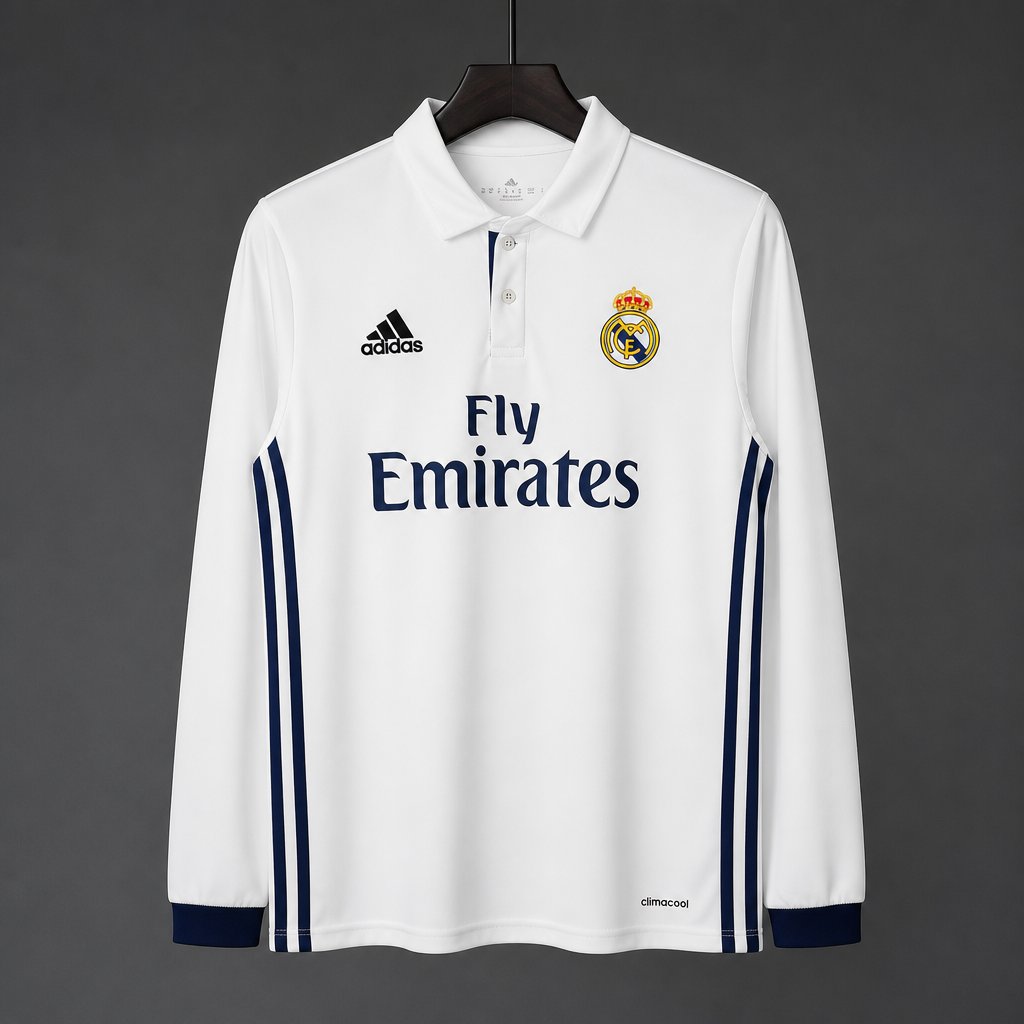 Retro 16/17 Real Madrid White with Navy Blue Stripes Home Long Sleeve Jersey